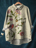 Women’s Vintage Ethnic Floral Bird Art Print Casual Cotton And Linen Shirt Beige / S