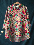 Women’s Red Floral Leopard Print Casual Cotton And Linen Shirt Multicolor / S