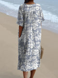 Women’s White Floral Print On Blue Background Pocket Linen Dress