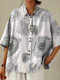 Tree Ring Repeat Pattern Printed Women’s Casual Cotton Linen Shirt Whiteblack / S