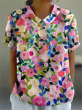 Colorful Spring Floral Garden Printed Women's Casual Cotton And Linen Shirt