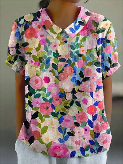 Women's Colorful Spring Floral Garden Printed Casual Cotton And Linen Shirt