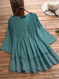 Women’s Jacquard Pleats And Lace Hollow V-Neck Shirt Green / S