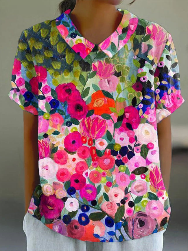 Women’s Floral Art Print Casual Cotton And Linen Shirt Multicolor / S