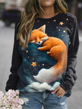 Cute Fox Warm Clouds Stars Art Print Casual Long Sleeve Sweatshirt