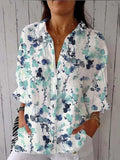 Women’s Aqua Blue Watercolor Floral Print Casual Linen V-Neck Shirt Multicolor / S