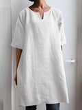 Women’s Solid Color V-Neck Cotton And Linen Casual Shirt Dress White / S