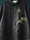 Women’s Vintage Ethnic Lovely Birds Art Print Casual Cotton And Linen Shirt