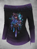 Women's Dreamcatcher Fall Art Print Off Shoulder Foldover Cinched Top