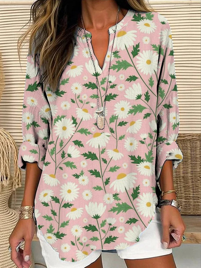 Women’s Daisy Flower Print On Pink Background Casual Linen V-Neck Shirt Multicolor / S