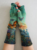 Women's Knit Vintage Christmas Gift Butterfly Art Printing Fingerless Gloves