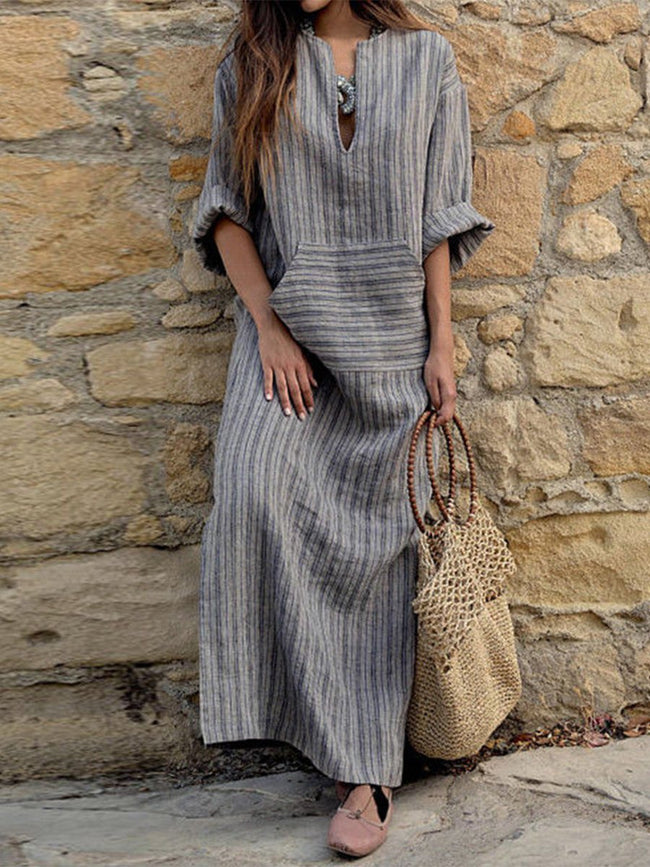 Cosy Cotton And Linen Striped Loose Maxi Dress Grey / S