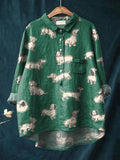 Cartoon Dachshund Dog Repeat Pattern Printed Women’s Casual Cotton And Linen Shirt Green / S