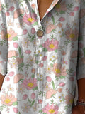 Retro Style Peony And Tulip Floral Pattern Printed Women’s Casual Cotton Linen Shirt