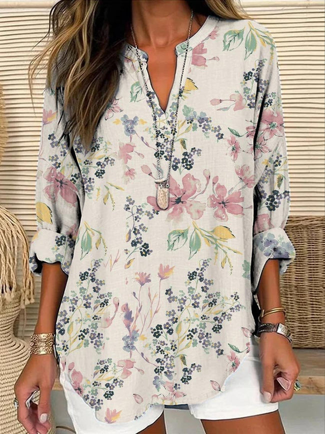 Women’s Elegant Pink Floral Element Print Casual Linen V-Neck Shirt Multicolor / S