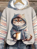 Cute Winter Cat Drinks Coffee Art Pattern Print Casual Sweatshirt