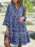 V-Neck Flare Sleeve Pattern Print Summer Dress Darkblue / S