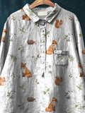 Little Forest Wildlife Pattern Printed Women’s Casual Cotton And Linen Shirt