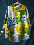 Vintage Lovely Parrots Art Print Casual Cotton And Linen Shirt Multicolor / S