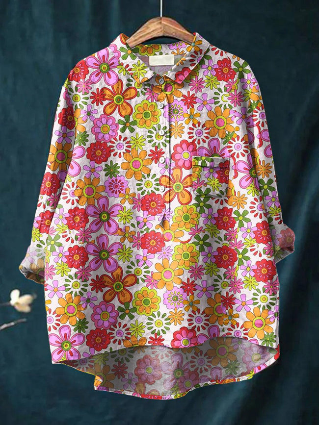 Women’s Hippie Floral Art Print Casual Cotton And Linen Shirt Multicolor / S