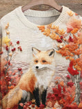 Christmas Gift Autumn And Winter Deciduous Maple Leaf Fox Art Print Knit Pullover Sweater