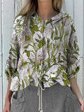 Women’s Vintage Floral Art Print Hooded Drawstring Linen Casual Blouse Multicolor / S