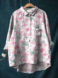 Pink Tulip Decorative Pattern Casual Cotton And Linen Shirt Multicolor / S