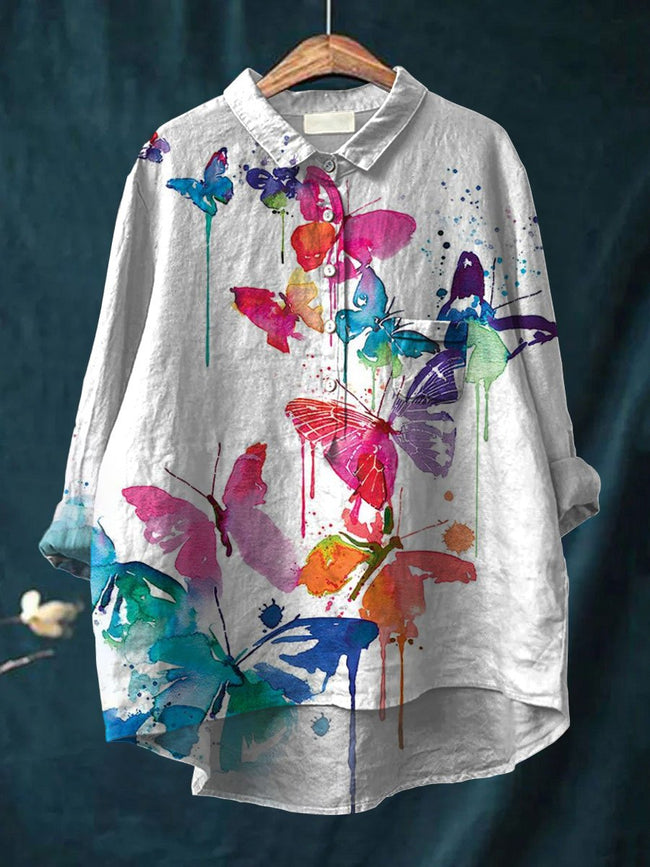 Women’s Butterfly Flower Print Casual Cotton And Linen Shirt Multicolor / S