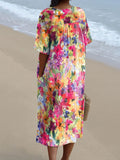 Women’s Colorful Watercolor Floral Print Pocket Linen Dress