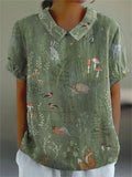 Woodland And Animal Pattern Printed Women’s Casual Cotton Linen Shirt Green / S