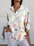 Gradient Flowers Women’s Print Casual Linen V-Neck Shirt Multicolor / S