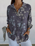 Plain Vintage Print Women's Print Casual Linen V-neck Shirt