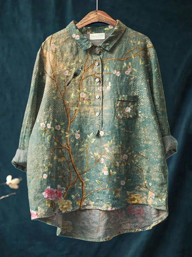 Women’s Floral Art Print Casual Cotton And Linen Shirt Multicolor / S