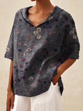 Women’s Floral Art Print Casual Linen V-Neck Shirt Multicolor / S