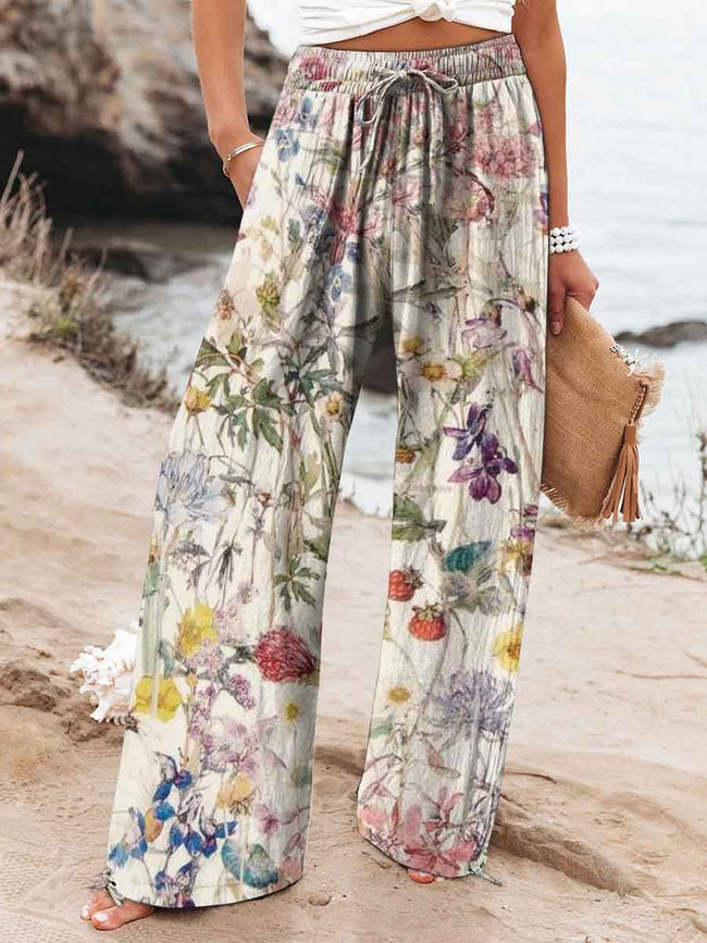 Women's Colorful Elegant Floral Print Cotton And Linen Casual Pants