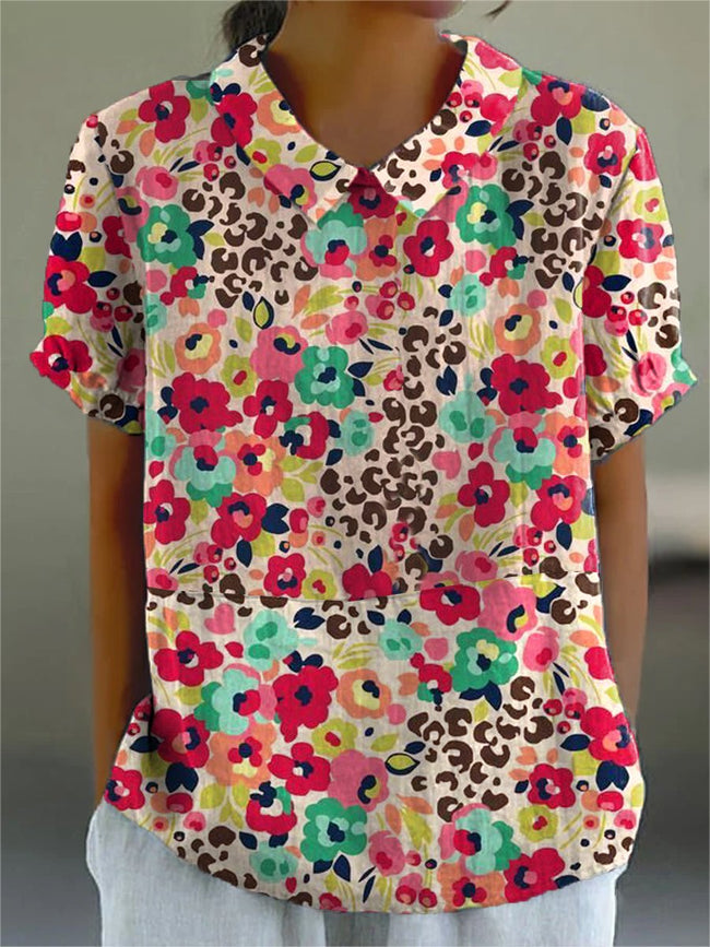 Women’s Leopard Color Floral Print Casual Cotton And Linen Shirt Multicolor / S