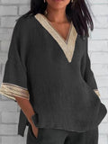 Women’s Summer V-Neck Cotton And Linen Solid Color Blouse Black / S