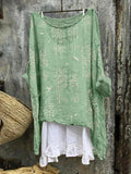 Women’s Vintage Art Print Casual Cotton And Linen Shirt Green / S