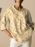 Women’s Vintage Floral Art Print Casual Linen Cotton 3/4 Sleeve Shirt Multicolor / S