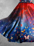 Women's Red And Blue Starry Sky Butterfly Patriotic Print Dress