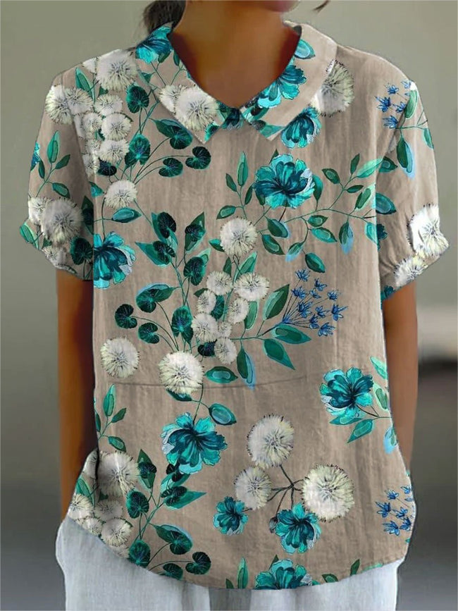 Women’s Flower Print Casual Cotton And Linen Shirt Multicolor / S