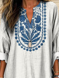 Ethnic Style Summer Floral Pattern Printed Women’s Casual Linen V-Neck Shirt