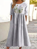 Embroidery Style Floral Bush Pattern Printed Women’s Pocket Cotton Dress White / S