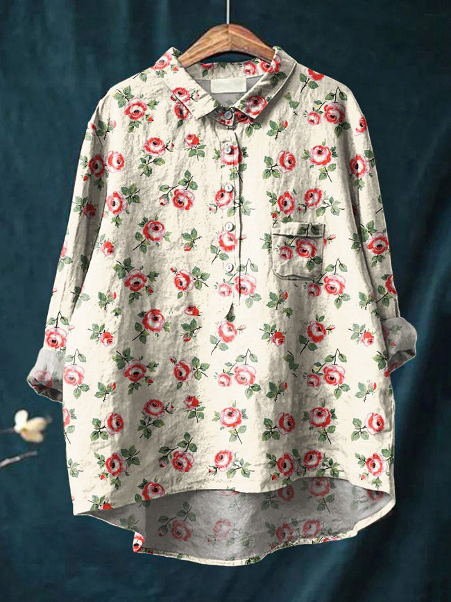 Women’s Floral Art Print Casual Cotton And Linen Shirt Multicolor / S