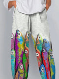 Funny Colorful Sardine Fish Art Printed Women’s Cotton And Linen Casual Pants