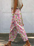 Summer Pink Hibiscus Floral Pattern Printed Women’s 100% Cotton Casual Pants / S