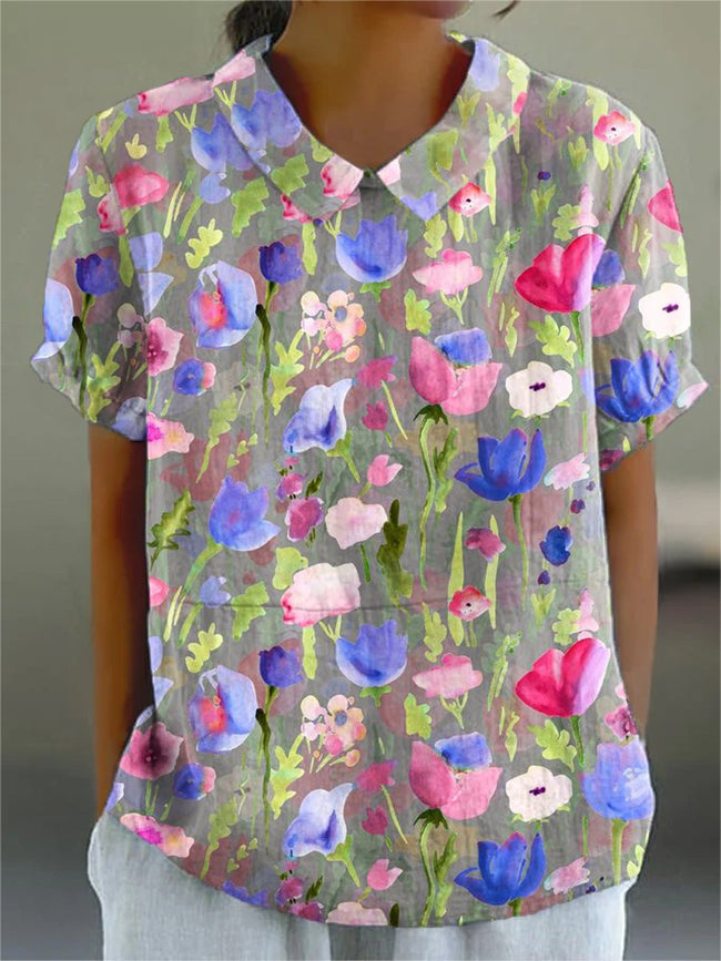 Women’s Flower Art Print Casual Cotton And Linen Shirt Multicolor / S