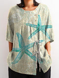 Women’s Cute Starfish Vintage Print Casual Cotton And Linen Shirt Multicolor / S