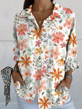 Women’s Floral Print Casual Linen V-Neck Shirt Multicolor / S