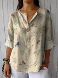 Boughs And Robin Birds Pattern Printed Women’s Casual Cotton Linen Shirt Sand / S